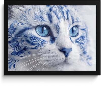 Poster in lijst - Fotolijst 40x30 cm - Posters - Kat - Patroon - Blauw - Posterlijst zwart - Decoratie - Wanddecoratie woonkamer - Muurdecoratie slaapkamer