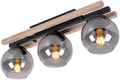 Plafondspot houten lamp 3-lichts plafondlamp slaapkamerlamp, rookglas, metaal MDF lichtbruin, 3x E27 fitting, LxH 60 x 20,5 cm