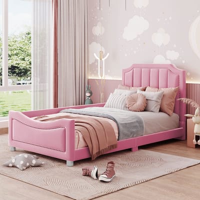 Gutent Kinderbed, Roze(zonder matras), 90*200cm Slaapbank, bedframe, flanel, multifunctioneel zacht bed met rugleuning, armleuningen