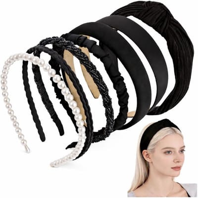 Set van 7 Haarbanden voor Vrouwen, Diverse Stijlen, Zwarte Haaraccessoires voor Meisjes en Dames, Perfect voor Elke Gelegenheid