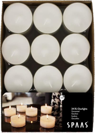 SPAAS Maxi Clearlights, theelichten in transparante cup, waxinelichtjes - 24 stuks - ± 10 uur - wit, geurloos