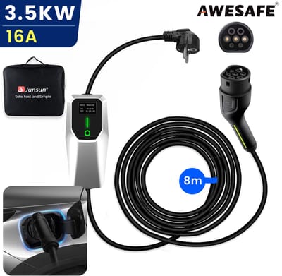 Awesafe Laadkabel Auto - Mobiele Thuislader EV-Lader Type 2 - Geschikt Voor Elektrische Auto - 3.5 kW - Waterdicht - 8M - 6A/8A/10A/13A/16A Schakelbaar - Met handtas - Wit