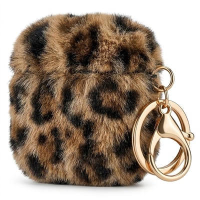 Donker bruin hoesje voor oordopjes dames met luipaard print en pluche afwerking geschikt voor AirPods Pro 2 met zachte textuur en goudkleurige clip