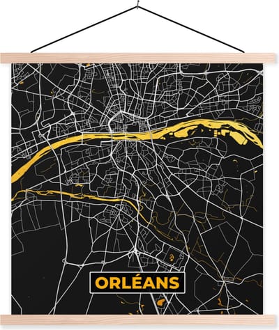 Posterhanger incl. Poster 40x40 cm - Schoolplaat - Kaart - Orléans - Stadskaart - Frankrijk - Plattegrond - Textielposter - Blanke latten - Stadskaart
