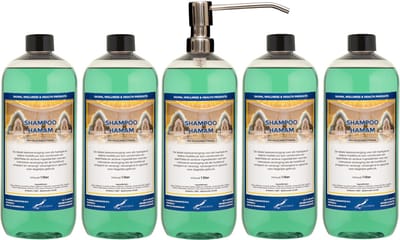 Shampoo Hamam 1 liter met luxe RVS zilverkleurige pomp - set van 5 stuks - voordeelverpakking - haarverzorging
