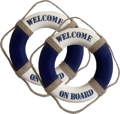 Gerkimex Reddingsboei - 4x - Welcome on board - 14 cm - blauw/wit - kunststof - maritiem thema decoratie
