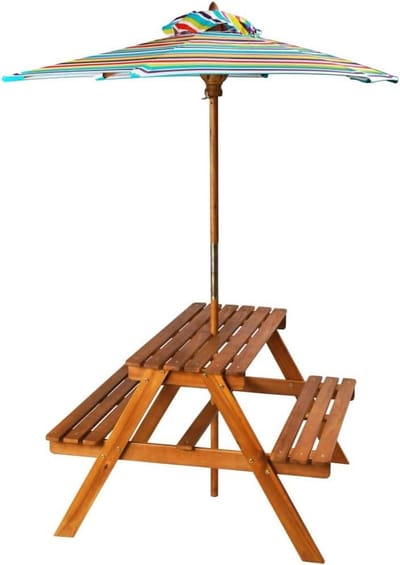 Kinderpicknicktafel - Buitenmeubel - Spelen en knutselen - Met afneembare parasol - 79 x 90 x 60 cm - Bruin