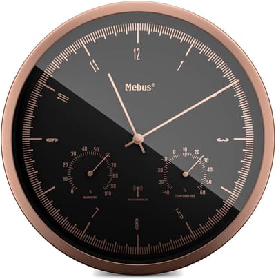 Stille Draadloze Wandklok met Thermo- en Hygrometer, 25 cm, Zwart/Koper