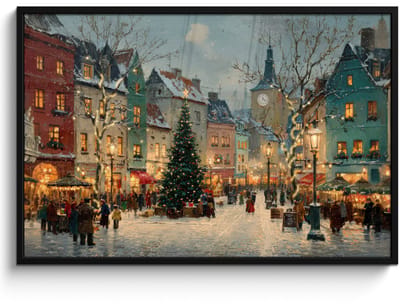 Poster in lijst - Fotolijst 120x80 cm - Posters - Kerstsfeer - Stadsplein - Kleurrijk - Posterlijst zwart - Decoratie - Wanddecoratie woonkamer - Muurdecoratie slaapkamer - Kerstversiering - Kerstdecoratie voor binnen - Kerstmis