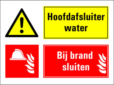 Hoofdafsluiter water afsluiten bij brand sticker 400 x 300 mm