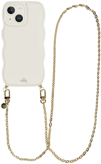 xoxo Wildhearts Glossy Wavy Cord Case Beige - Geschikt voor iPhone 14 - Dreamy - Lang koord - Glimmend telefoonhoesje met golven - Hoesje met koord - Gouden ketting - lang telefoonkoord - Beige / Crème hoesje - Lange variant koord