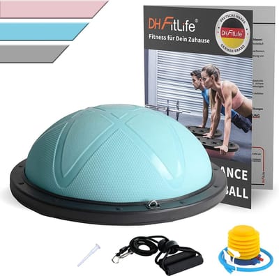 DH FitLife Balansbal, yoga balanstrainer, diameter van 60 x 22 cm, tot 200 kg belastbaar, halve gymnastiekbal, fitness balansboard, evenwichtsboard met pomp en 2 fitnessbanden