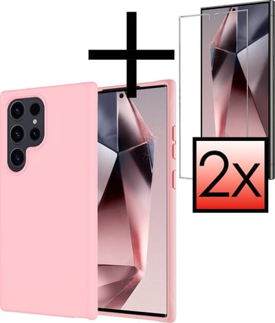 Hoesje - Met 2x Screenprotector - Geschikt voor Samsung Galaxy S24 Ultra - Sterk & Shockproof - Back Cover - Siliconen Case - Telefoon Hoes - Lichtroze