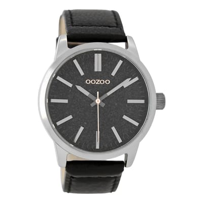 OOZOO Timepieces - Zilverkleurige horloge met zwarte leren band - C9069
