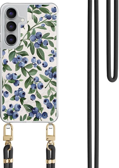Telefoonhoesje met koord geschikt voor Samsung S25 FE - Blueberries - Inclusief Zwart koord - Transparant, Blauw - Print - Crossbody beschermhoes - Met Telefoonketting