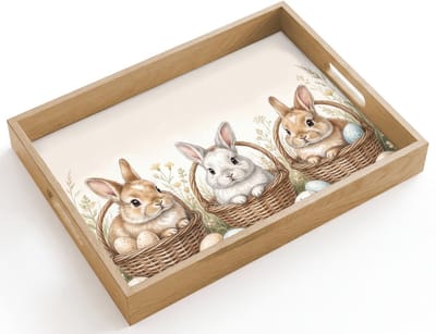 Dienblad hout 40x30 cm - Schootdienblad - Konijnen - Eieren - Bloemen - Pasen - Borrelplank rechthoek - Plateau dienbladen