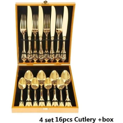 Service de table complet Ensemble de luxe Plaqué or Événement de mariage Vaisselle classique Couverts en acier inoxydable Argenterie Dans une boîte Cadeau de Noël 16 Pièces Or