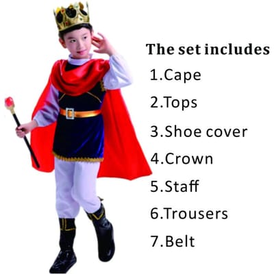 7 stuks jongens koning carnaval kostuum middeleeuwse koninklijke prins volledige set outfits voor Halloween verjaardagsfeestje verkleedpartij 150 black