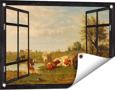 Gards Tuinposter Doorkijk Koeien in de Weide - Gerard Bilders - 60x40 cm - Tuindoek - Tuindecoratie - Wanddecoratie buiten - Tuinschilderij
