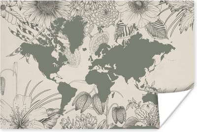 Poster 30x20 cm - Wereldkaart - Grijs - Bloemen - Posters - Kamer decoratie - Wanddecoratie woonkamer - Muurdecoratie slaapkamer