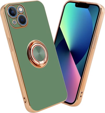 Cadorabo Hoesje geschikt voor Apple iPhone 13 in Glossy Licht Groen - Goud met ring - Beschermhoes van flexibel TPU-silicone Case Cover met camerabescherming en magnetische autohouder