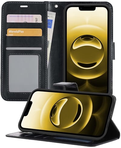 Hoesje - Met Pasjeshouder - Geschikt voor Apple iPhone 16e - Luxe Bookcase Portemonee - Flip Case - Kunstleer Book Case - Flipcase - Book Cover - Walletcase - Portemonneehoes - Telefoonhoesjes - Zwart
