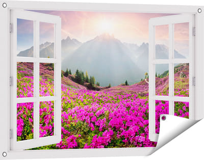 Gards Tuinposter Doorkijk Rhododendron Bloemenveld in de Alpen - 90x60 cm - Tuindoek - Tuindecoratie - Wanddecoratie buiten - Tuinschilderij