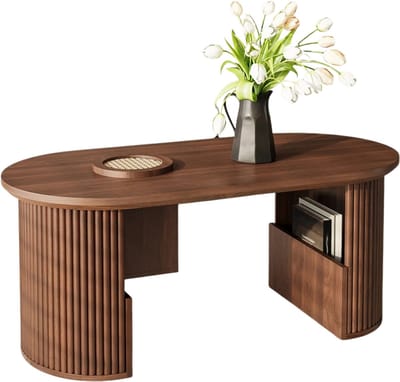 Emvae Salontafel - Salontafel met Opbergruimte - Ovaal - Koffietafel - Retro - Walnootkleur - 105 x 50 x 46,5 cm