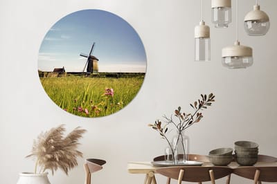 WallCircle - Wandcirkel - Muurcirkel - Een molen met bloemen - Aluminium - Dibond - 140x140 cm - Binnen en Buiten