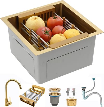 Ronde RVS Spoelbak Goud Kleur 45x45 cm met Kraan - Inbouw of Onderbouw Keukenspoelbak