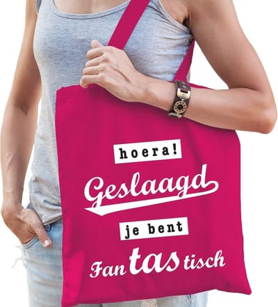 Kadotas Hoera! geslaagd je bent fanTAStisch fuchsia roze katoen - cadeautas geslaagden