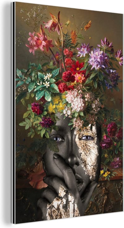 Wanddecoratie Metaal - Aluminium Schilderij Industrieel - Vrouw - Bloemen - Elementen - 40x60 cm - Dibond - Foto op aluminium - Industriële muurdecoratie - Voor de woonkamer/slaapkamer