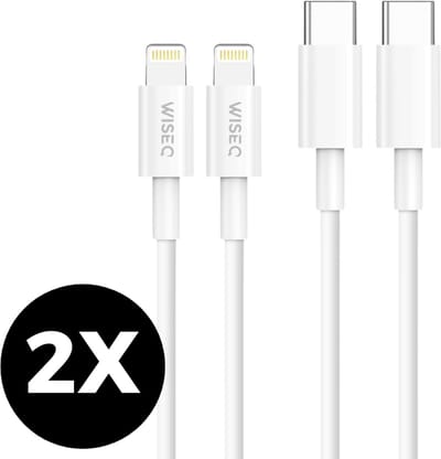 USB C naar Lightning kabel 3m x 2 stuks - Lightning USB C snellaadkabel - fast charge oplaadkabel geschikt voor Apple iPhone 14 / 13 / 12 / 11 - wit - WiseQ