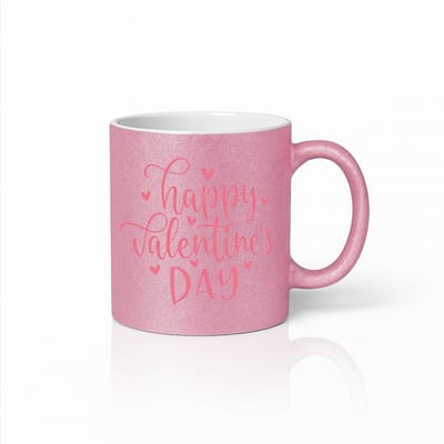 Happy Valentine’s Day Mok 330ml – Roze Glitter Koffiemok met Elegante Lettering – Romantisch Cadeau voor Haar