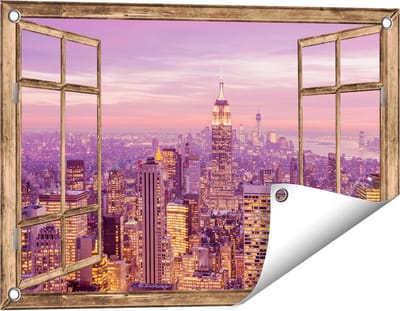 Gards Tuinposter Doorkijk New York Skyline met Lichten bij Zonsondergang - 60x40 cm - Tuindoek - Tuindecoratie - Wanddecoratie buiten - Tuinschilderij