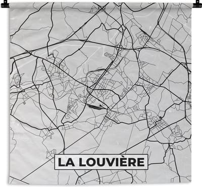 Wandkleed - Wanddoek - Zwart Wit – België – Plattegrond – Stadskaart – Kaart – La Louvière - 180x180 cm - Wandtapijt