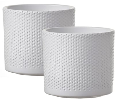 Mica Decorations Bloempot - 2x - wit - relief - keramiek - D15 x H13 cm - plantenpotten binnen