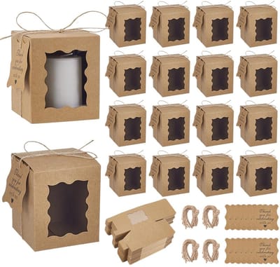 PandaHall 100 stuks bruine kaarsen, geschenkdozen, 8,5 x 8,5 x 10 cm, papieren geschenkdozen, rechthoekig, verpakkingsdoos met doorzichtig venster, etiketten en touwen, voor kaarsglas, Moederdag
