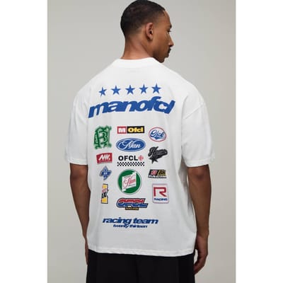 Oversized Heren Sport Moto Badge Print T-shirt | White | Size Medium