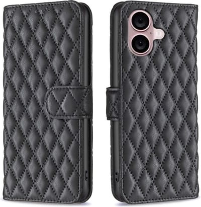 BINFEN Hoesje - Geschikt voor iPhone 16 Hoesje - BINFEN Rhombus Book Case - Zwart