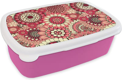 Broodtrommel Roze - Lunchbox Bloem - Mandala - Retro - Patroon - Brooddoos 18x12x6 cm - Brood lunch box - Broodtrommels voor kinderen en volwassenen