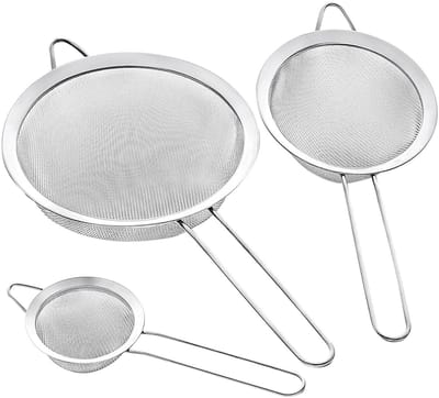 Waytin - RVS keuken zeef set - 3 maten Ø 7, 12, 20 cm - Fijne premium draadzeven - Lange handgrepen keukenzeef
