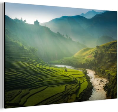 Aluminium schilderij 180x120 cm - Wanddecoratie metaal - Het grote huis op de heuvels in de rijstvelden van Vietnam - Metalen muurdecoratie woonkamer - Decoratie industrieel - Foto op dibond - Industriële accessoires slaapkamer
