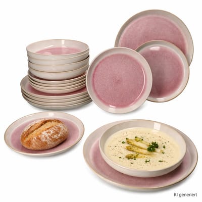 18-delig tellerset REACTIVE GLAZE PARIS Crème & Roze Steingut voor 6 personen