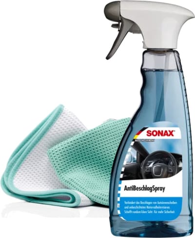 Sonax Anti Condens Sray voor Voorruit en Spiegels, set met twee speciale microfiber doekjes