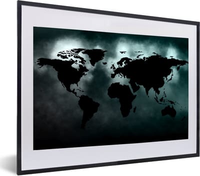 Poster in lijst - Fotolijst 60x40 cm - Posters - Wereldkaart - Zwart - Wit - Posterlijst zwart - Decoratie - Wanddecoratie woonkamer - Muurdecoratie slaapkamer