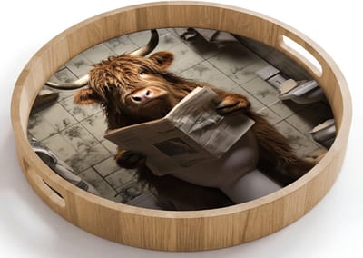Dienblad rond 40x40 cm - Schootdienblad hout - Schotse hooglander - Toilet - Krant - Badkamer - Borrelplank rechthoek - Plateau houten dienbladen