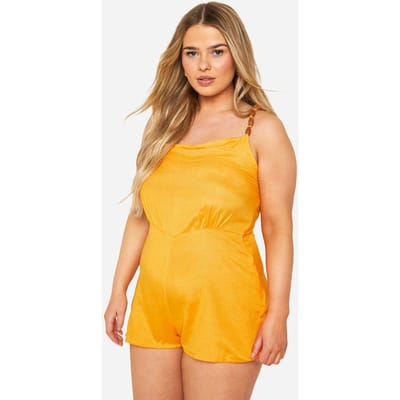 boohoo Dames Plus Playsuit met Geweven Kraal Detail en Bandjes | Oranje | Maat: 44