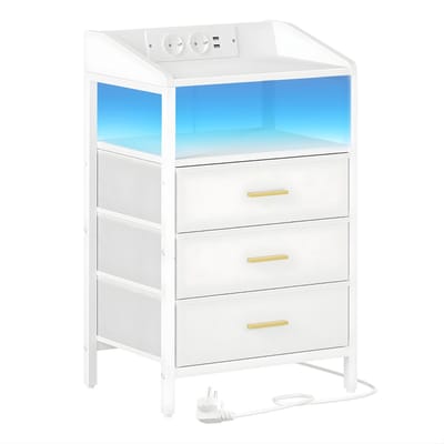 Nachtkastje – Voor Slaapkamer – Bijzettafel met LED-Verlichting, Oplaadstation, 3 Stoffen Lades, Planken, USB-Poorten en Stopcontacten – Wit