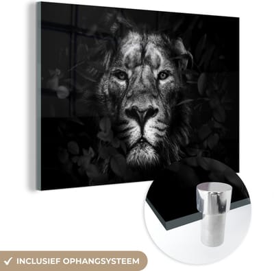 MuchoWow® Glasschilderij 60x40 cm - Schilderij acrylglas - Leeuw tussen de bladeren in de jungle - zwart wit - Foto op glas - Schilderijen